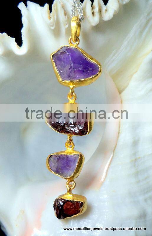 Kyanite Amethyst Citrine & Garnet Rough Gemstone Pendant, 925 Solid Sterling Silver Pendant, Designer Raw Bezel Pendant