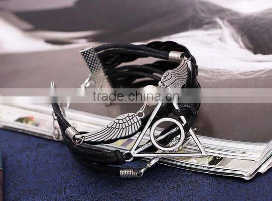 New Fashion owl deathly hallows angel wing leather bracelet DIY