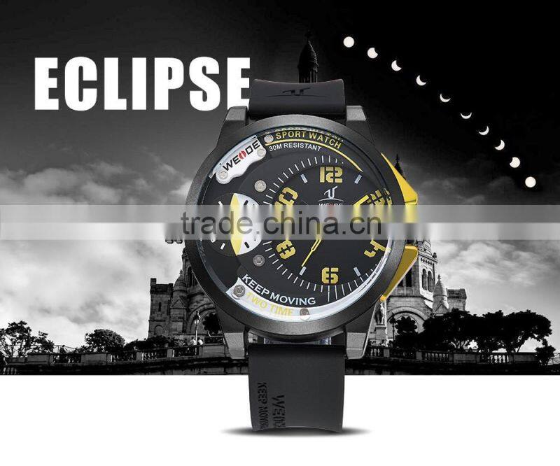 WEIDE top brand watch mens dual time watch big black dial japan movt quartz watch stainless steel back water resistant 30m compl