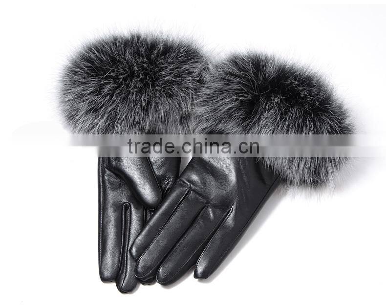 Haining Genuine Sheep Leather Winter Gloves with fox fur cuffs