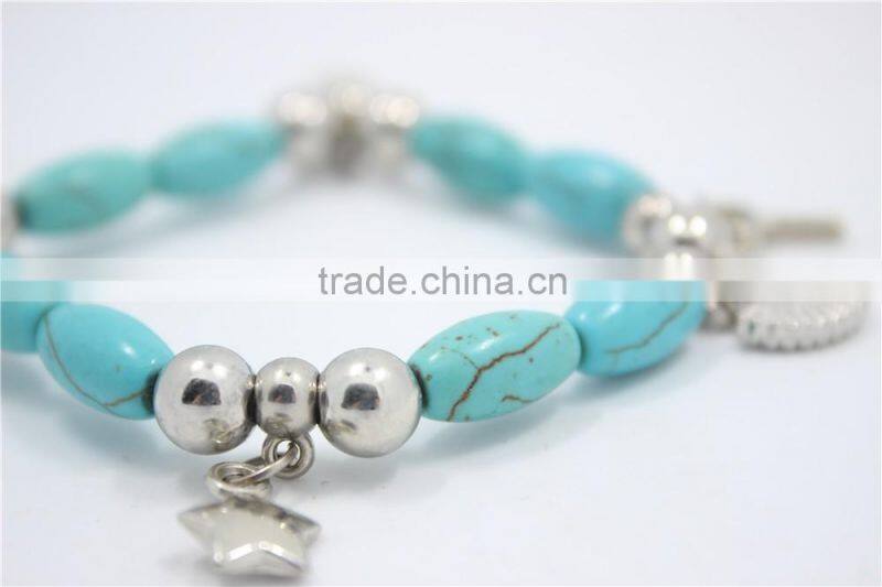 Chuncky Tribal Stretch Bracelet in Turquoise &Silver Shell Key Star Antique Silver Charm Bohemian Gypsy Bracelet