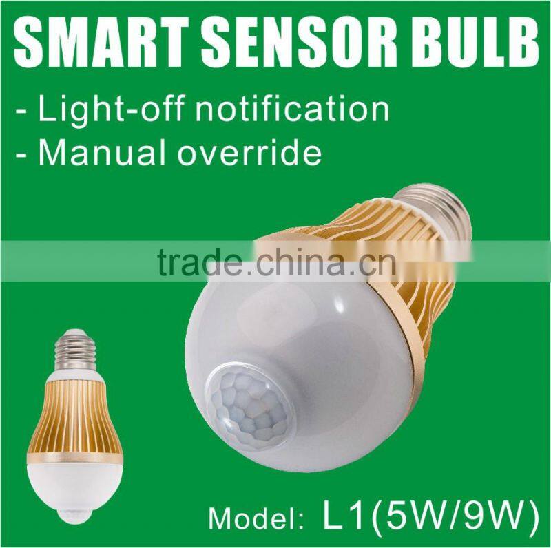 9W motion sensor LED Light Bulb with Light-off notification & Manual override