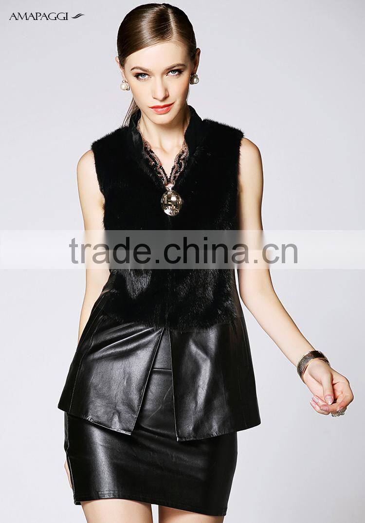 China custom women black leather vest with fur