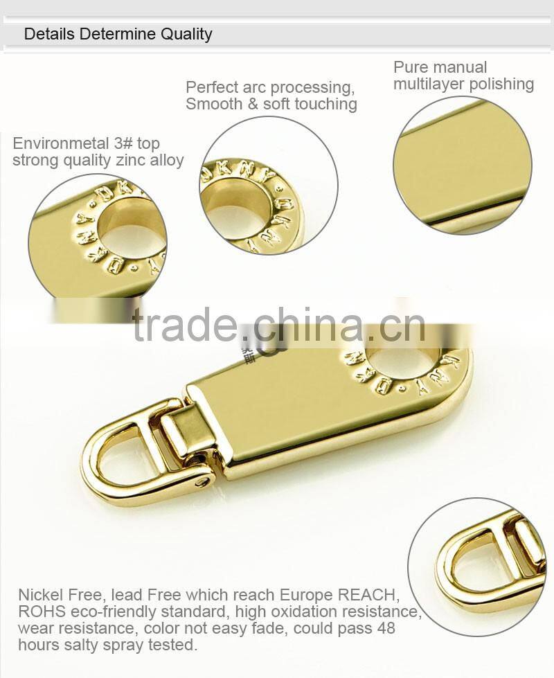 Gold engraved custom metal handbag zipper pulls