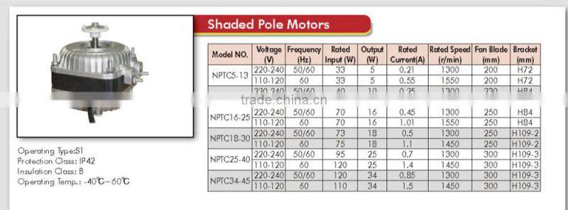 refrigerant electric shaded pole motor 10w 16w 25w