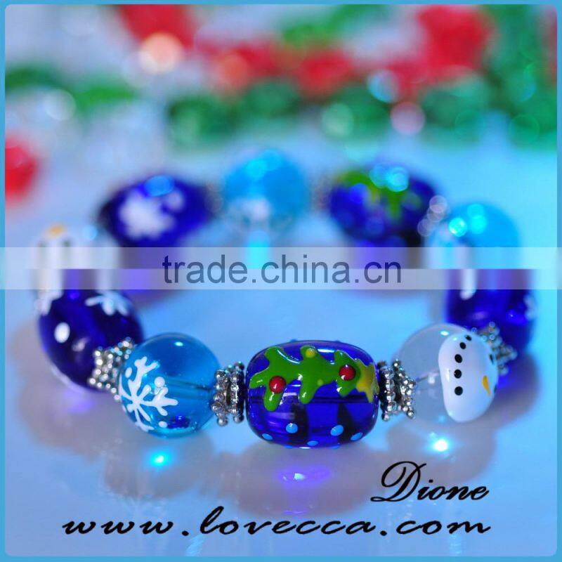 Handmade Christmas Stretch Bracelet With Snowman Handpainted Glass Bead Bracelets