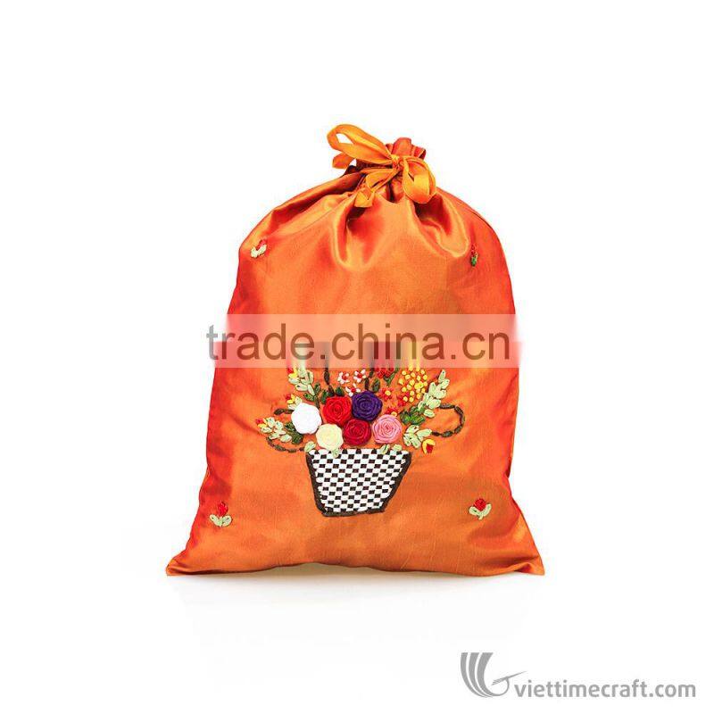 Hand embroidered bag with drawing string, elegant designs, various colors to choose