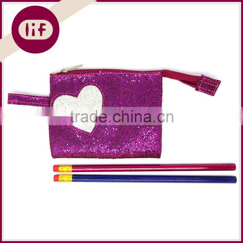 Fancy Flat Glitter Pencil bag, With Heart Glitter Pencil Bag, Shinning Pencil Bag