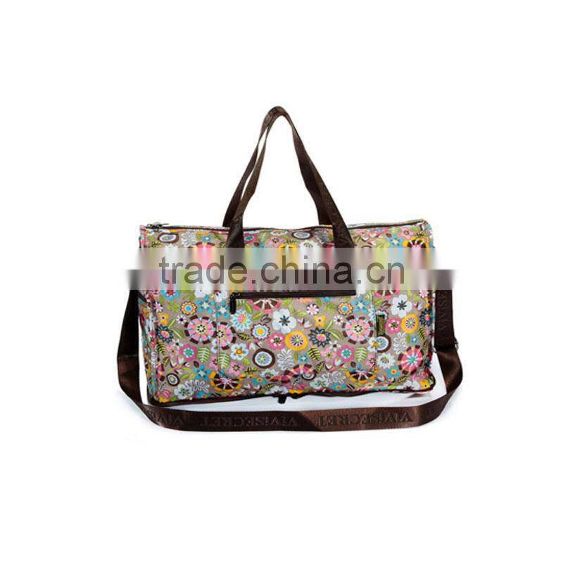 Wholesale floral folding duffle bags with inner zipper pocket and reusage recycle shopping travel bags with handles