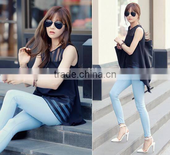 Blusas Femininas 2015 Summer Black Tulle blusa Women Blouses Ladies clothing organza sleeveless striped chiffon Blouse