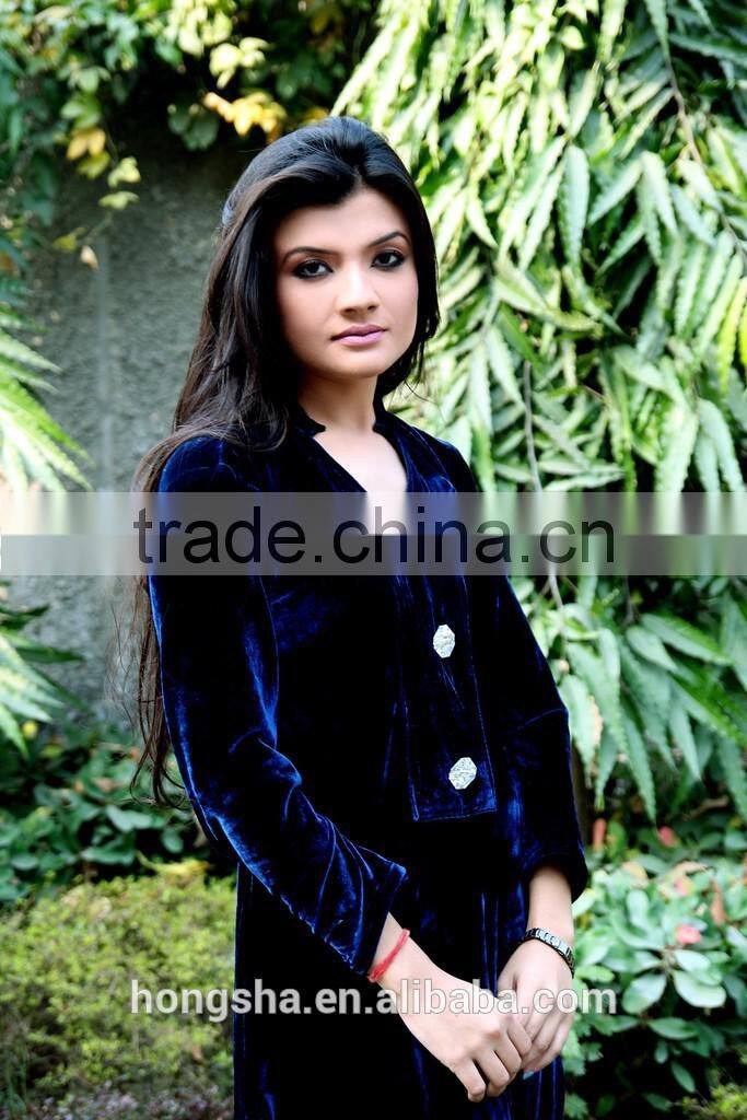 Fashion brand designer long kurtis with front neck crystal buttons navy blue velvet kurti HSD7920