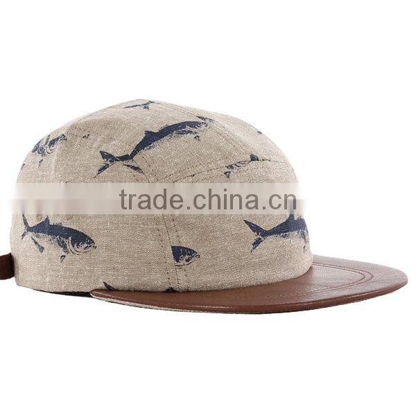 Fish Pattern 5 Panel Hat Leather Brim Cheap Fashion Custom Blank 5 Panel Hat