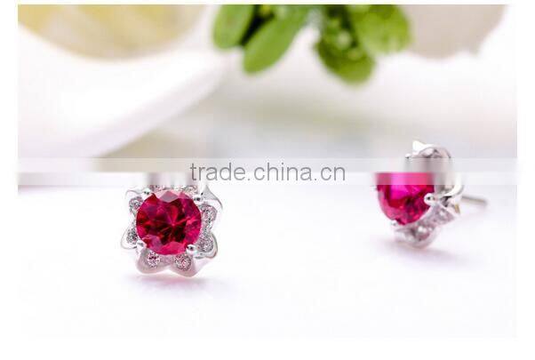100% 925 Sterling Silver Flowers red zircon earrings