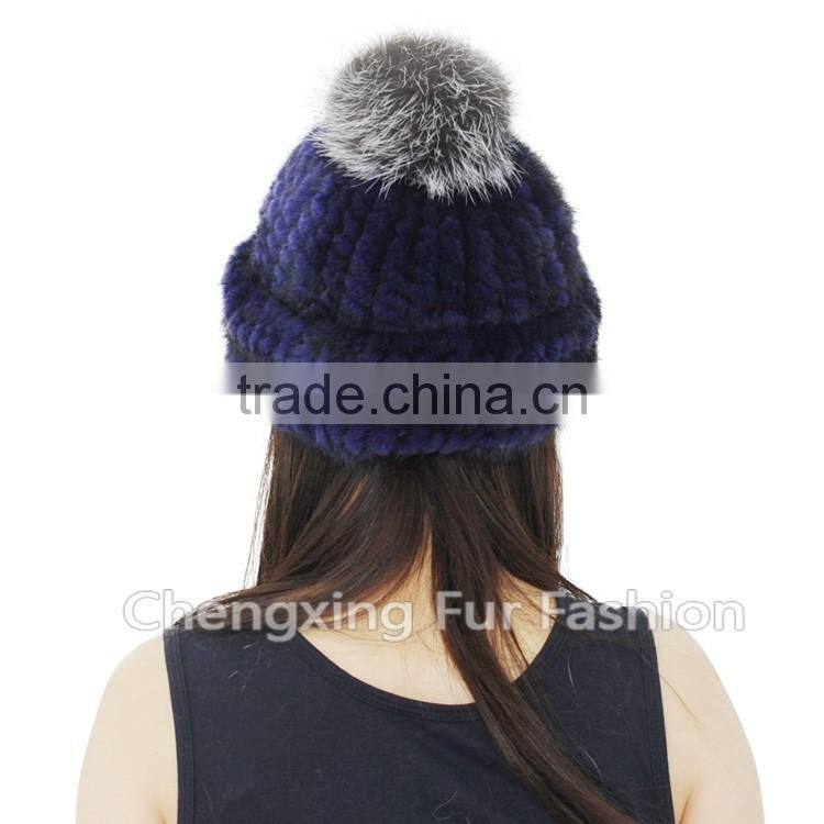 CX-C-239K Cute Style Mixed Color Knitted Cross Grain Real Mink Fur Warm Hats With Fox Fur Pom Pom