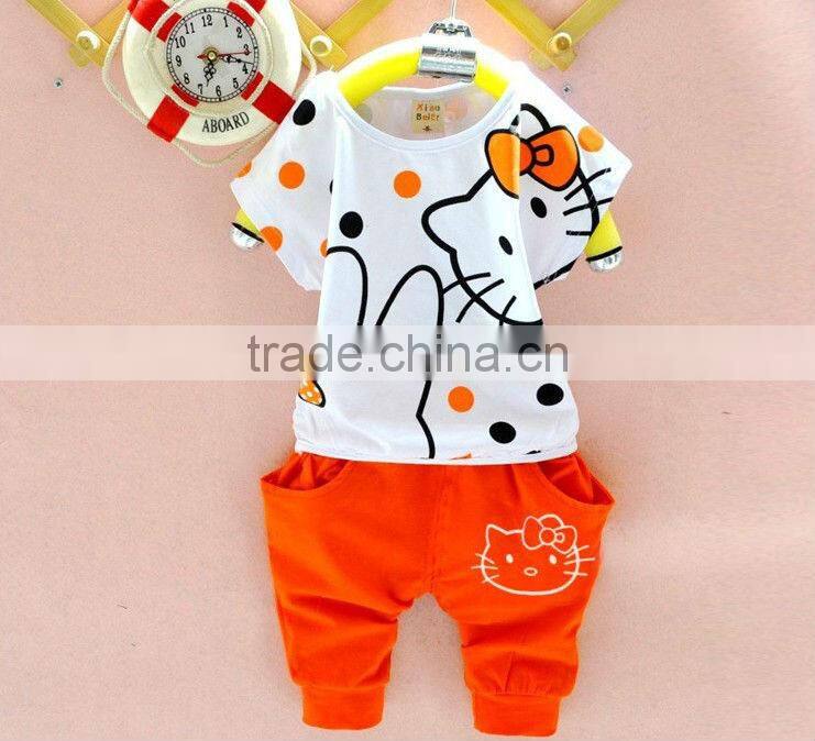 Hot selling summer baby girl clothes set cartoon batwing tees+shorts 2 pcs set chidlren's suit Hello Kitty tracksuit