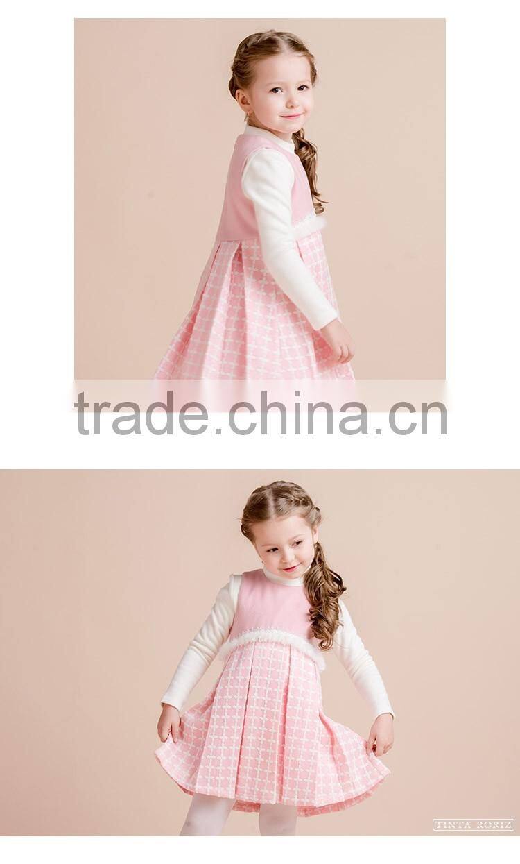 Latest Design Girl's Pink Party Dress With Lace And Pleated Sleeveless Woolen Dress