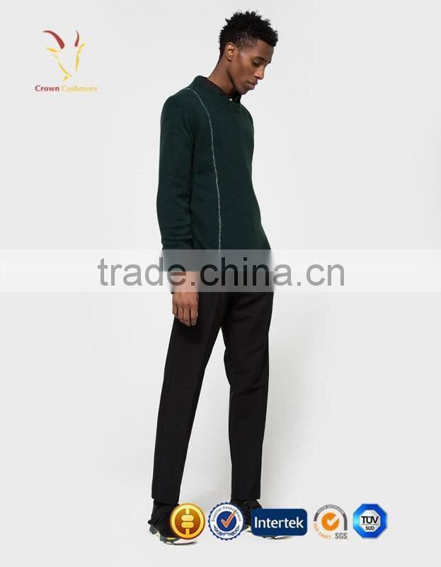 Men Pure Cashmere Green Knitted Jumpers Crew Neck Emboridery Sweaters