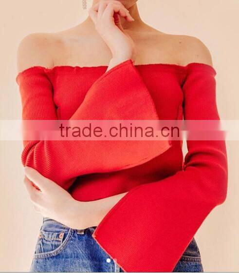Runwaylover 125 Europe Style 2017 Ladies Sexy Off-Shoulder Knitted Flare Sleeve Blouse