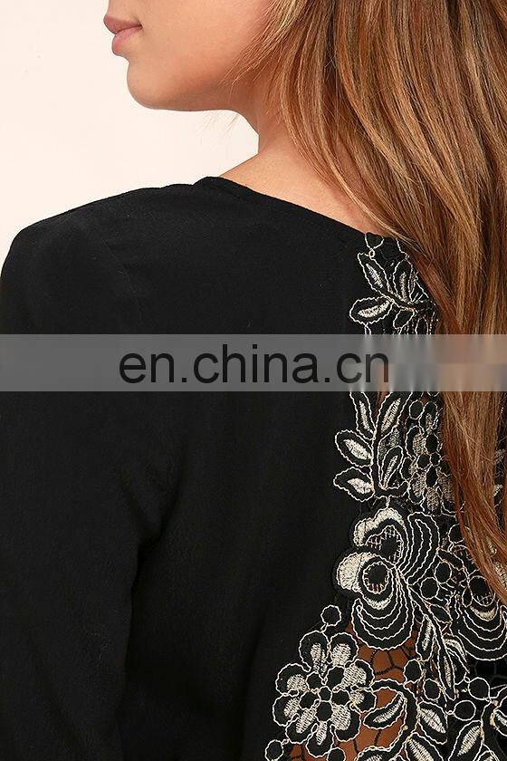 Black Round Neck Long Sleeve Open Back Lace Embroidered Crop Top