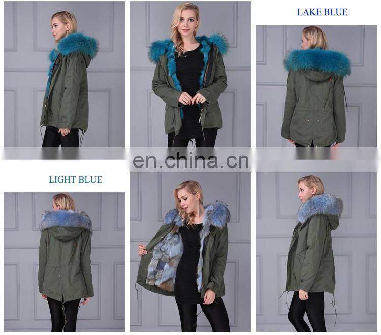 Women hooded pink real fox fur parka with army green shell material