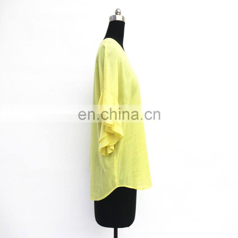 hot sale fashion flounce sleeve cotton lady blouse