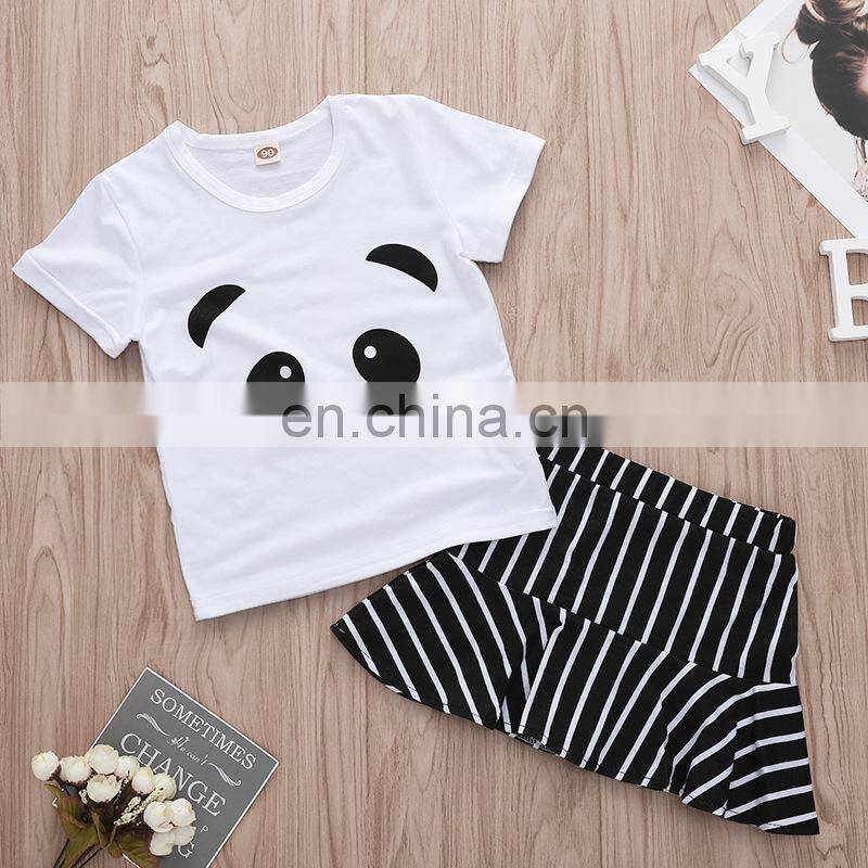 2019 summer girls cotton panda print top tshirt & black white striped pp skirt 2pc set