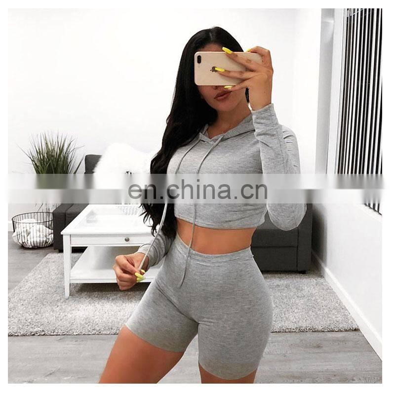 Manufacturer wholesale women's casual sexy hooded shorts sports fitness 2-piece suit custom hoodie crop top