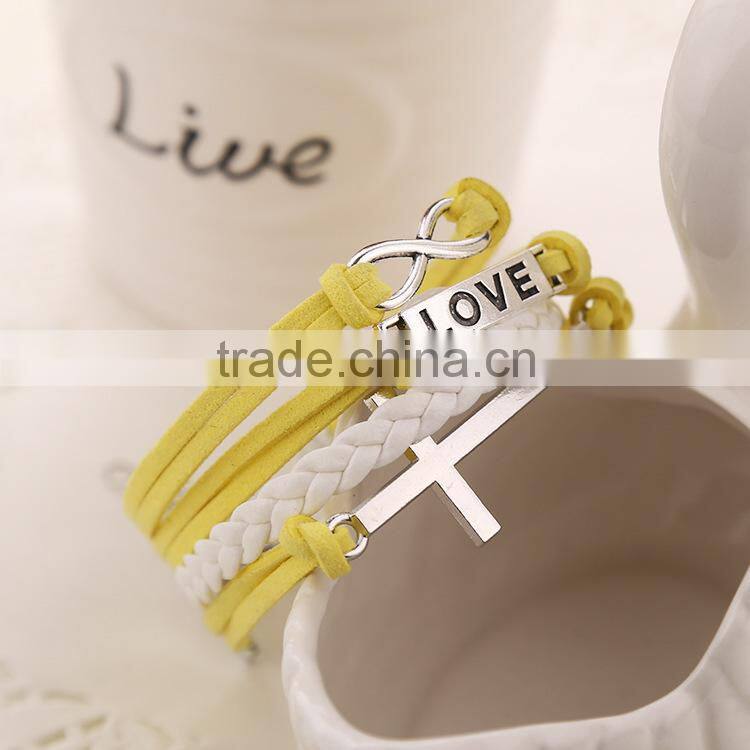 Mixed-Color Fashion Cross 8 word Leather&Nylon Charm Infinity Bracelet/Hand chain Alloy jewelry