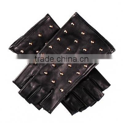 Ladies black fashion fingerless leather gloves with gold studs
