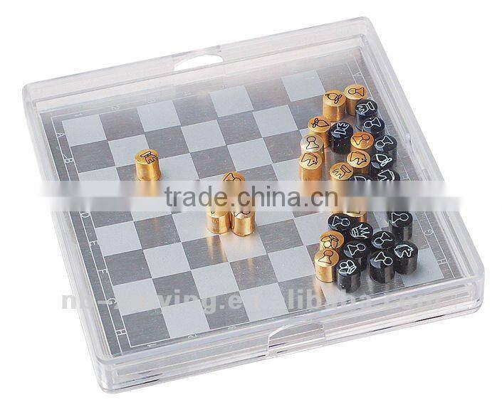 mini popular plastic casing with painting metal international chess board