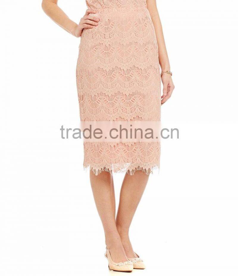 Allover lace scalloped fashion pencil lace blouse and skirt