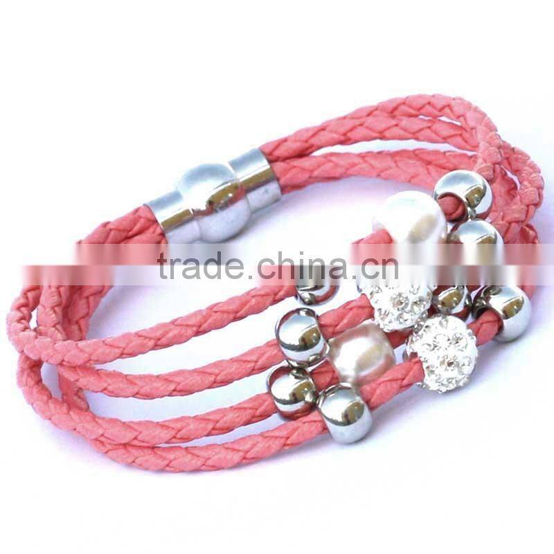 Lady PU Leather Cuff Wrap Wristband Magnetic Buckle Bracelet with Sliding Beads