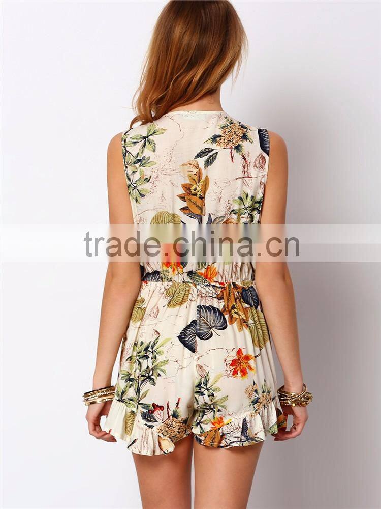 2016 latest summer rural style low neckline floral short romper womens playsuit