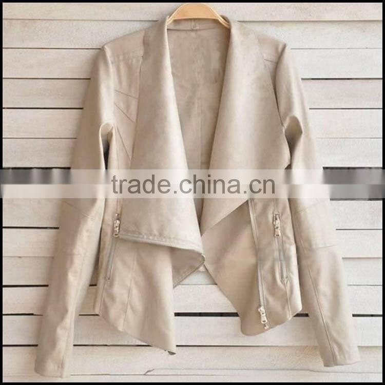 leather woman fashion jacket with zipper pockets pu jacket simple design for lady