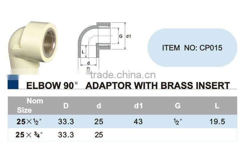 New Products TOP5 CHINA Factory Industrial Hot Water popular plastic CPVC Elbow 90 Adaptor with copper