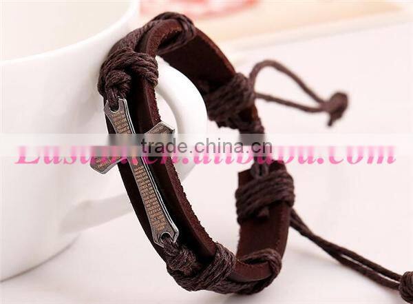 Black/brown cross with scripture leather bracelet,leather bracelet with cross