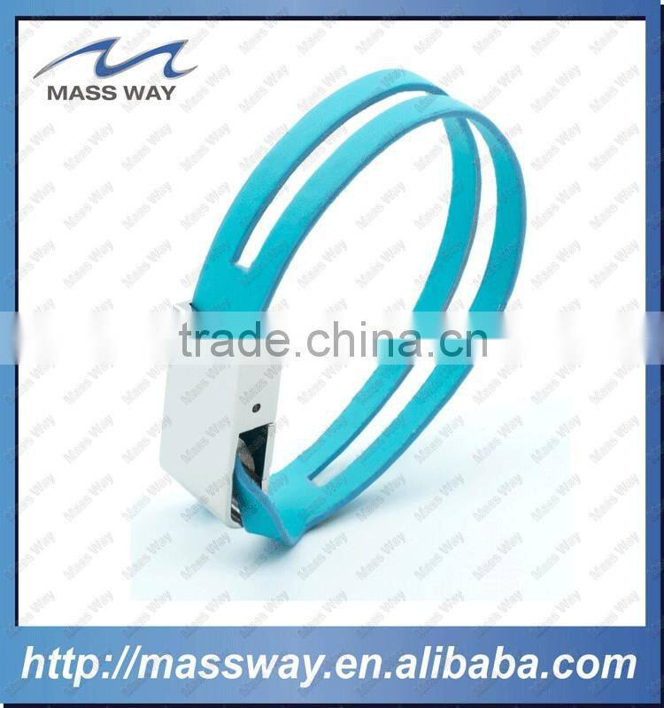 fashion adjustable custom blue genuine metal leather wristband