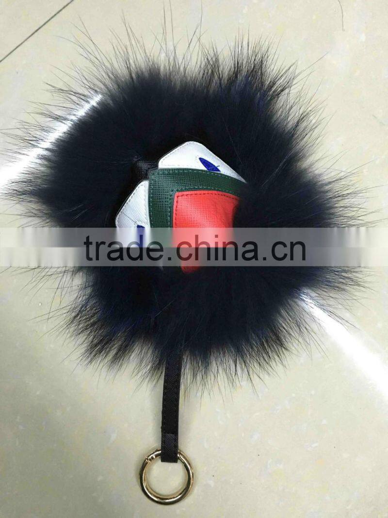 Hot fashion raccoon fur accessories monster fur keychain leather keychain fur pompoms