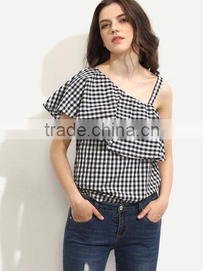 Blouses latest fashion design women clothing Black and White Gingham Ruffle One Sleeve Blouse