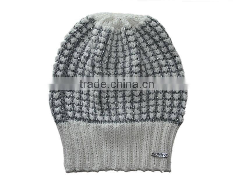 lurex popcorn knit cap hat beanie with rib cuff for women
