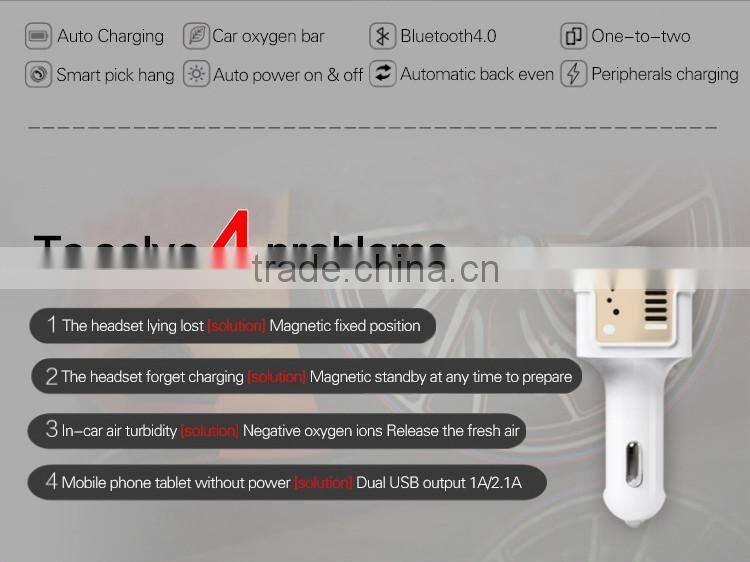 two USB port Car Charging Bluetooth Oxygen Bar with Bluetooth wireless headset for iphone android phone
