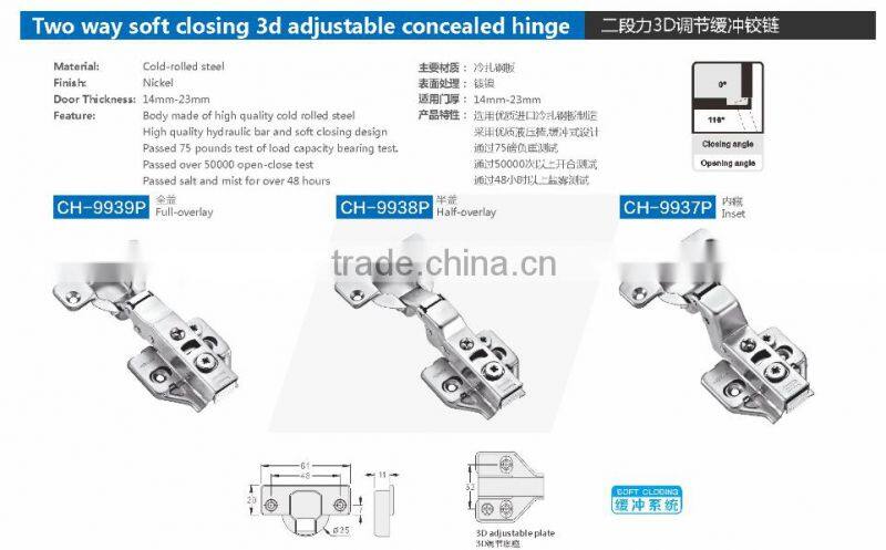Two way Soft closing 3d adjustable concealed hinge