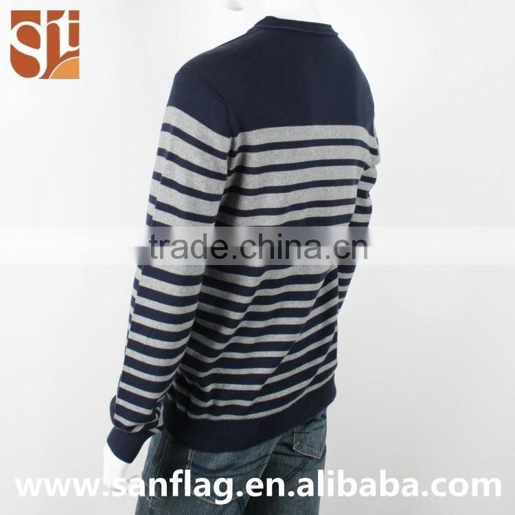 Mens V neck long sleeve pullover stripes 100%cotton fashion knitted sweater made in china