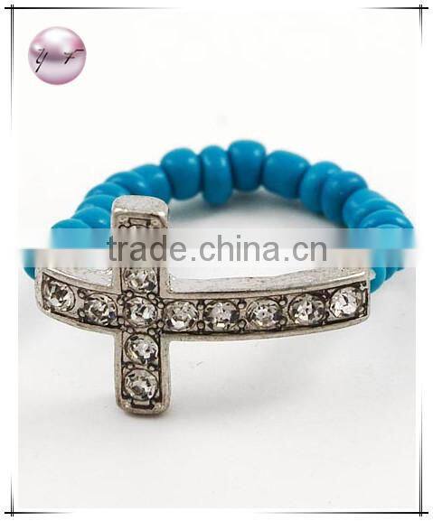 Gold Tone Turquoise Seed Beads Cross Stretch Ring