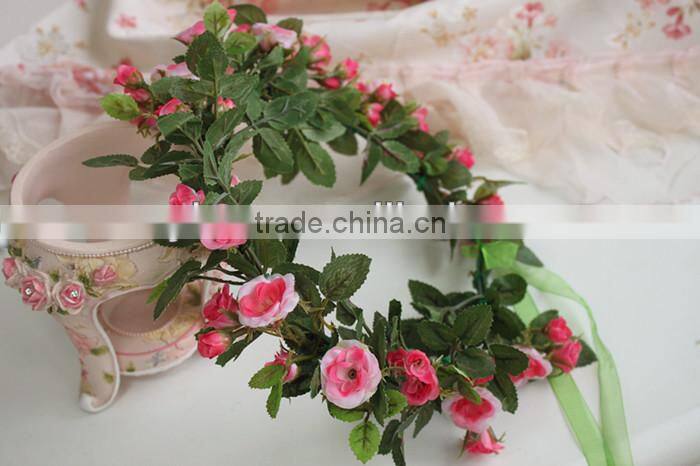 Hawaii Pink Rose Flower Head Wreath Bridal Party Woman Girls Flower Hair Accessory
