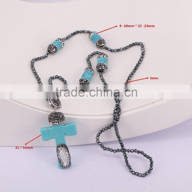 Charm Cross Turquoise Necklace, with 3mm Hematite Beads Necklace, Cross Pendant Charm Beaded Gem Stone Fashion Gemstone Necklace