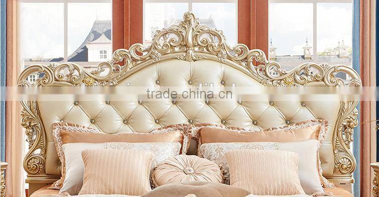 Neoclassic bedroom furniture solid wood gold painting genuine leather double bed