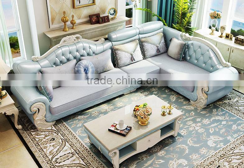 Fabric seat light blue genuine leather corner sofa set