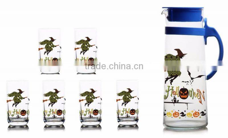 1300ml halloween and christmas color printing glass jug set and water glass jug set drinking glass set