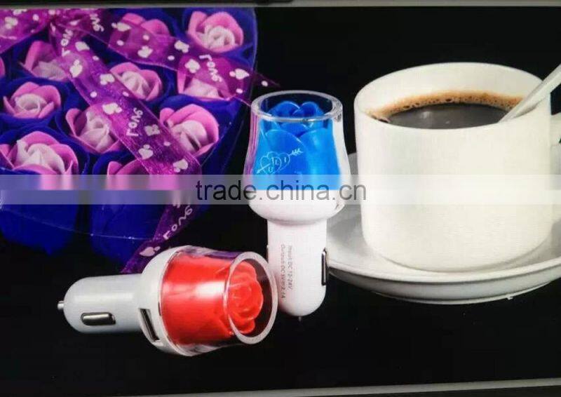 LED Light Rose Shape Dual USB Port Car Charger For Phone